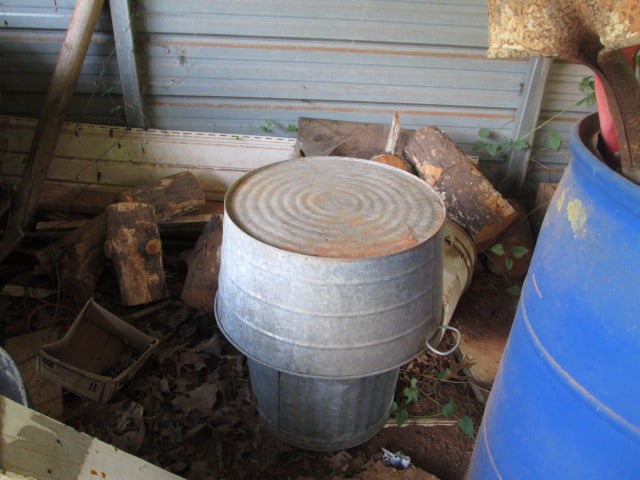 Contents of Right Side Shed-Galvanized Tubs, Yard Tools, Heavy Duty Blue Plastic 50 Gallon Drums, - 4