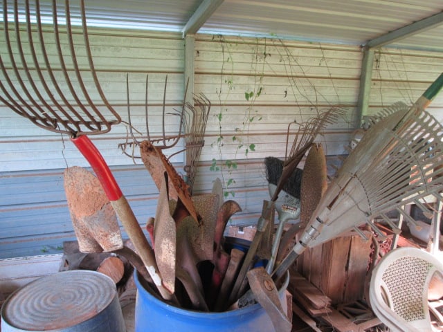 Contents of Right Side Shed-Galvanized Tubs, Yard Tools, Heavy Duty Blue Plastic 50 Gallon Drums, - 5