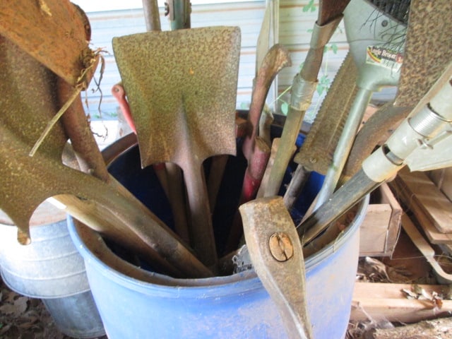 Contents of Right Side Shed-Galvanized Tubs, Yard Tools, Heavy Duty Blue Plastic 50 Gallon Drums, - 6