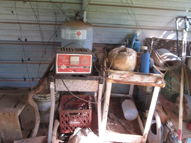 Contents of Right Side Shed-Galvanized Tubs, Yard Tools, Heavy Duty Blue Plastic 50 Gallon Drums, - 8