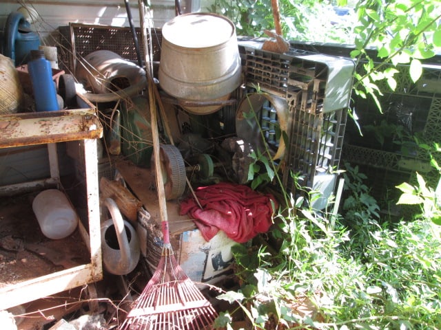 Contents of Right Side Shed-Galvanized Tubs, Yard Tools, Heavy Duty Blue Plastic 50 Gallon Drums, - 9