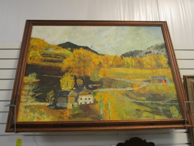 Landscape Oil Painting framed w/Autumn Foliage: 44 x 34