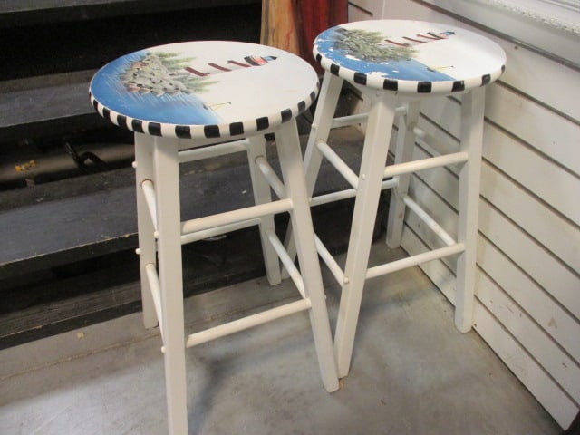 2 Wood Lighthouse Theme Painted Stools: 12" Diameter x 24" H