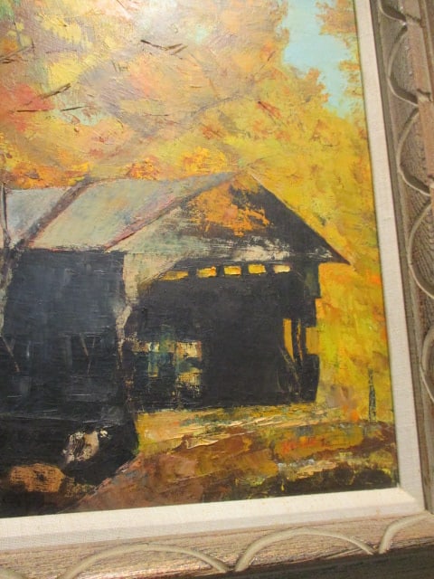 Covered Bridge Framed Oil Painting w/Fall Foliage - 2