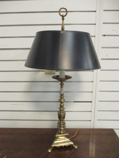 Brass Vtg. Candlestick Table w/Black Shade: 30"