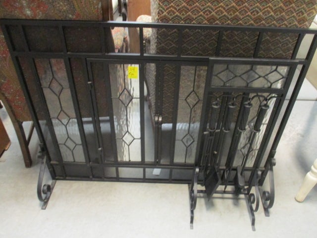 Black Wrought Iron Fireplace Screen & 4 PC Fireplace Tools: 44 x 33