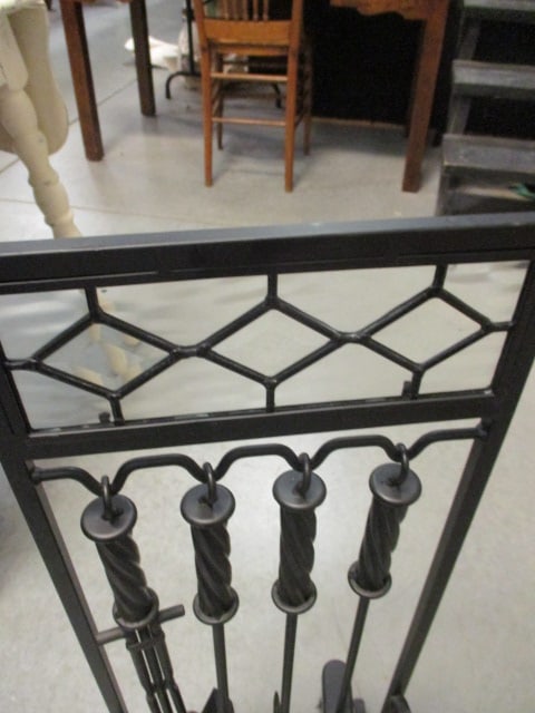 Black Wrought Iron Fireplace Screen & 4 PC Fireplace Tools - 8