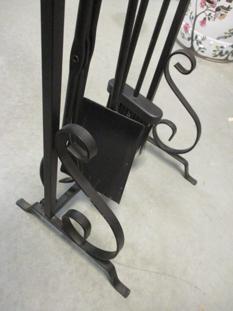 Black Wrought Iron Fireplace Screen & 4 PC Fireplace Tools - 9