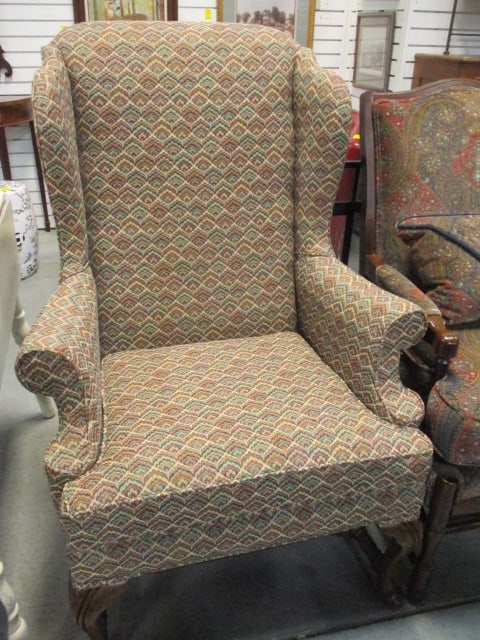 Queen Ann Style Vtg. Wingback Chair w/Chevron Pattern Upholstery (1 of 5)