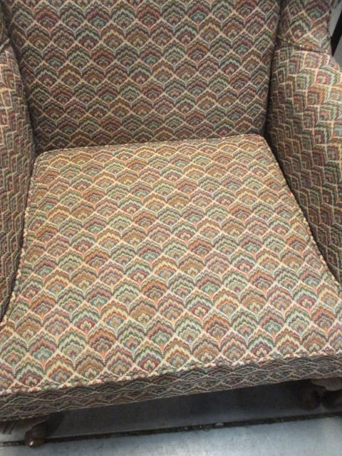 Queen Ann Style Vtg. Wingback Chair w/Chevron Pattern Upholstery - 4