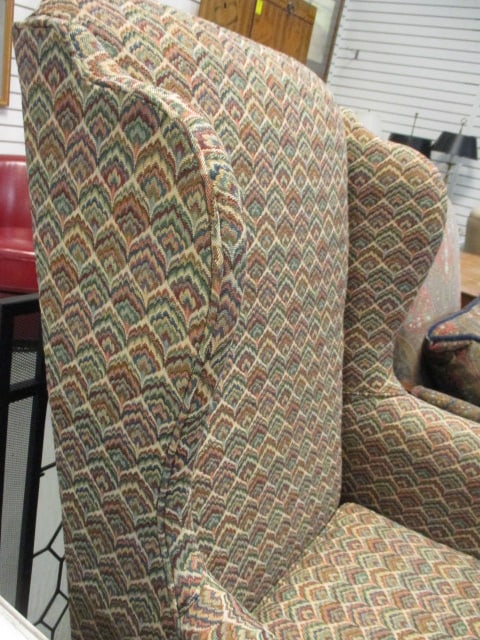 Queen Ann Style Vtg. Wingback Chair w/Chevron Pattern Upholstery - 5