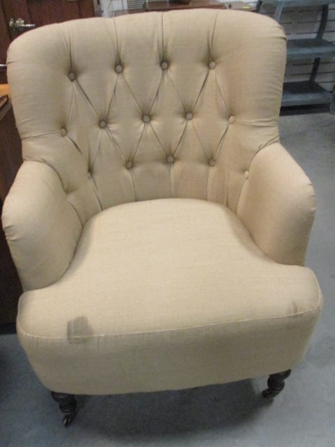 Button Tufted Beige Linen Accent Armchair w/Casters: 27" Seat