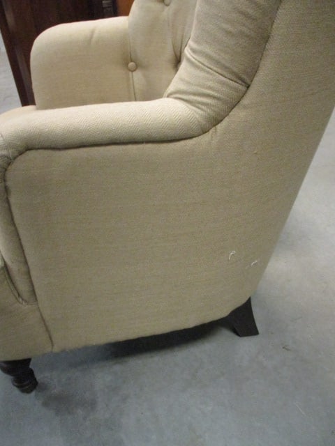 Button Tufted Beige Linen Accent Armchair w/Casters - 5