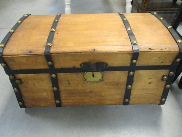 19th Century Dome Top Wood Travel Trunk w/riveted tacks: 28 x 16 x 14