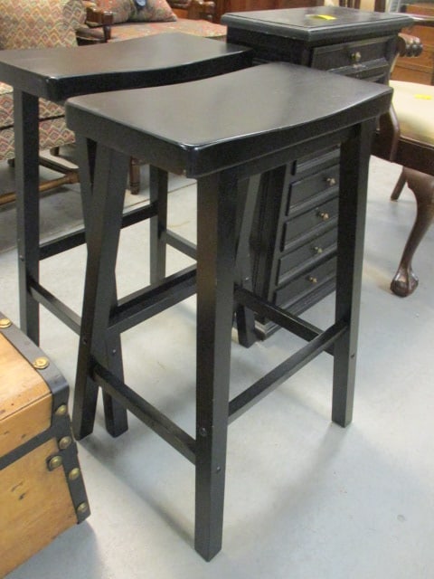 Black Wood Saddleback Stools (PR): 27"