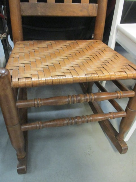 Vtg. Slat Back Wood Rocking Chair w/Woven Splint Wood Seat - 2