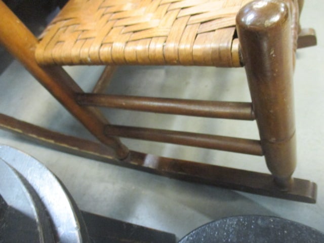 Vtg. Slat Back Wood Rocking Chair w/Woven Splint Wood Seat - 4