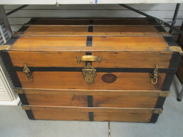 Antique Flat Top Wood Steamer Trunk w/Iron Bands (1 of 4)