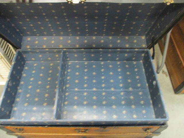 Antique Flat Top Wood Steamer Trunk w/Iron Bands - 2