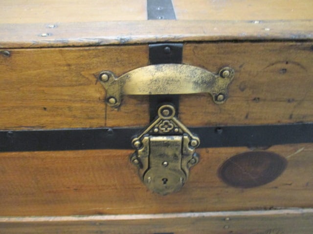 Antique Flat Top Wood Steamer Trunk w/Iron Bands - 4