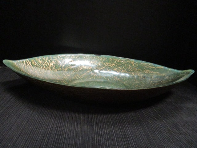 Turquoise & Gold Leaf Shaped Art Glass Bowl: 17 1/2 x 10 x 3