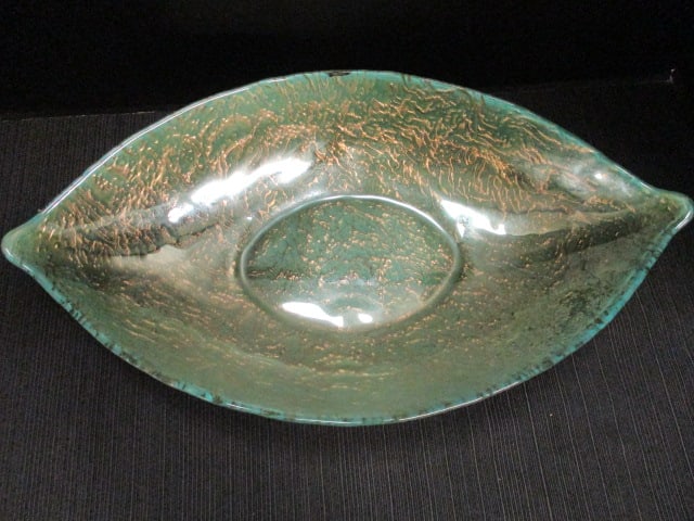 Turquoise & Gold Leaf Shaped Art Glass Bowl - 2