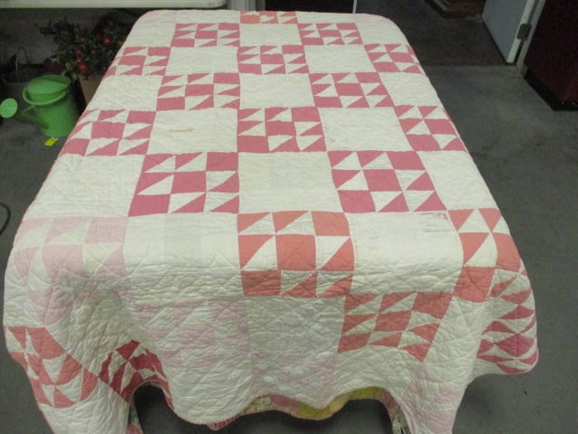 Handmade Vtg. Quilt w/pink & White Blocks: 56 x 72 (some tears & stains)