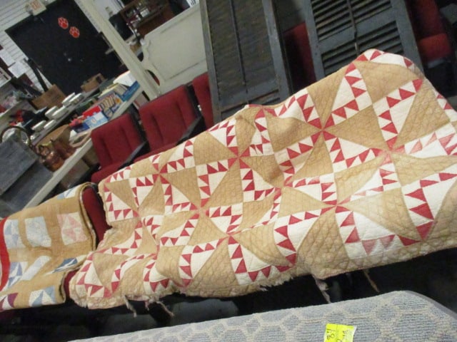 Antique handmade (Lot of 2) Pinwheel Quilts: 72 x 76 & 68 x 78 (Both are very worn & torn) See pictures