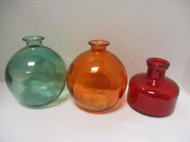 3 Colored Glass Vases: Orange & Green 7", Red 5"