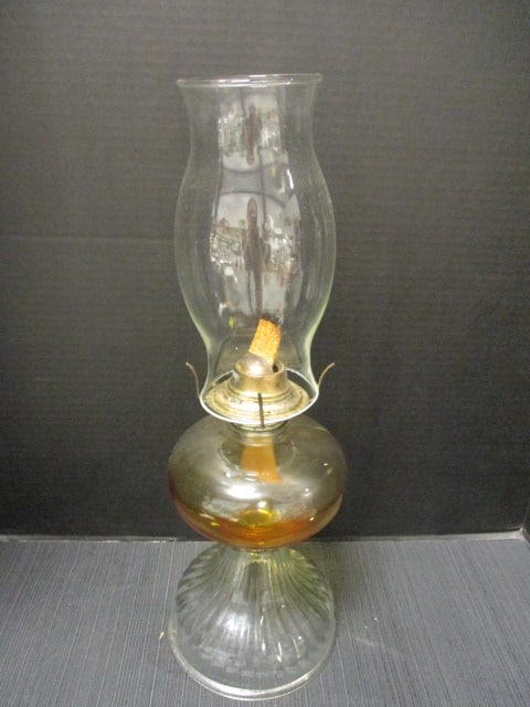 Vtg. Clear & Amber Glass Pedestal Kerosene Oil Lamp: 16"