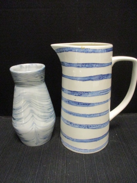 Blue & White Swirl Pattern 8" Vase, & Stripe Pitcher 10" (1 of 6)
