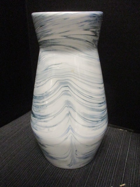 Blue & White Swirl Pattern 8" Vase, & Stripe Pitcher 10" - 2