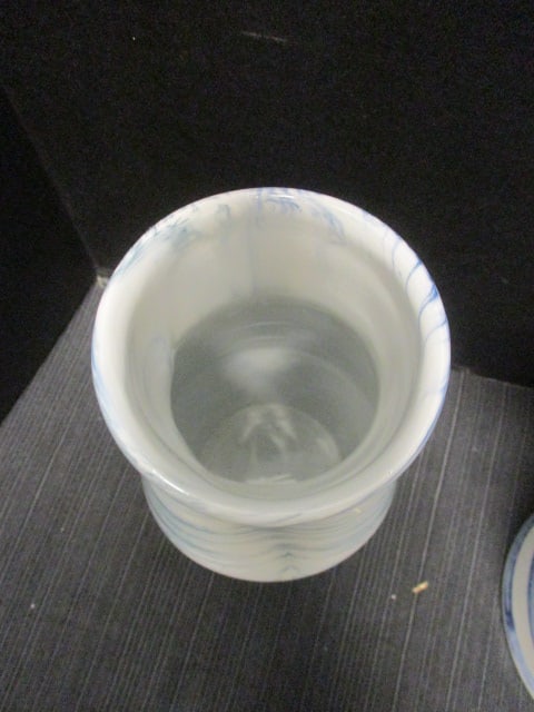 Blue & White Swirl Pattern 8" Vase, & Stripe Pitcher 10" - 3