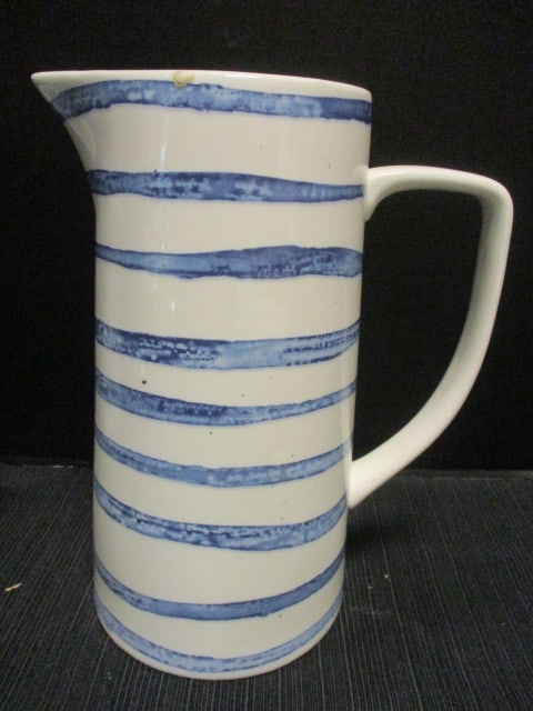 Blue & White Swirl Pattern 8" Vase, & Stripe Pitcher 10" - 4