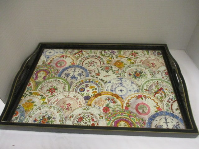 Decorative Lacquered Wood Serving Tray w/Plate Pattern: 21 x 15