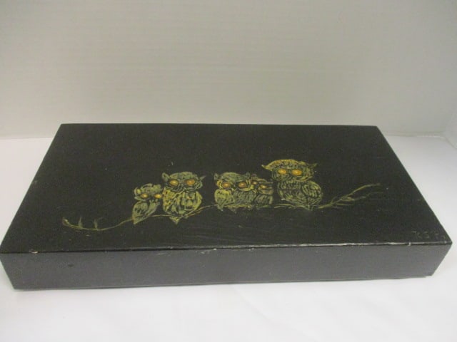 Wood Handpainted Signed Block w/Owls: 14 x 7 x 2