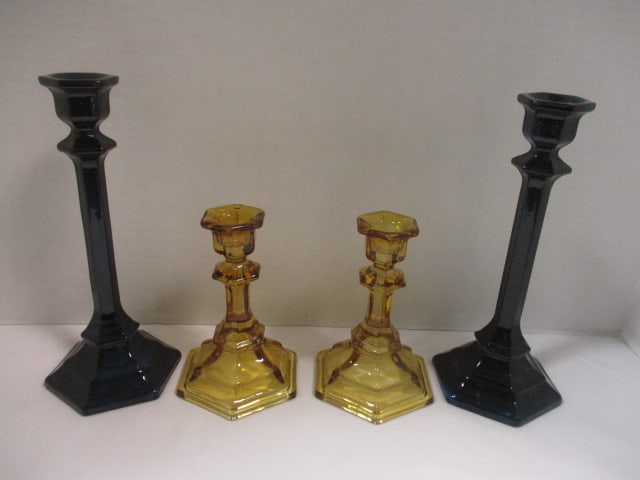 Amber Glass 6" Candlestick (PR), Blue Glass 9 1/2" Candlestick (PR): .