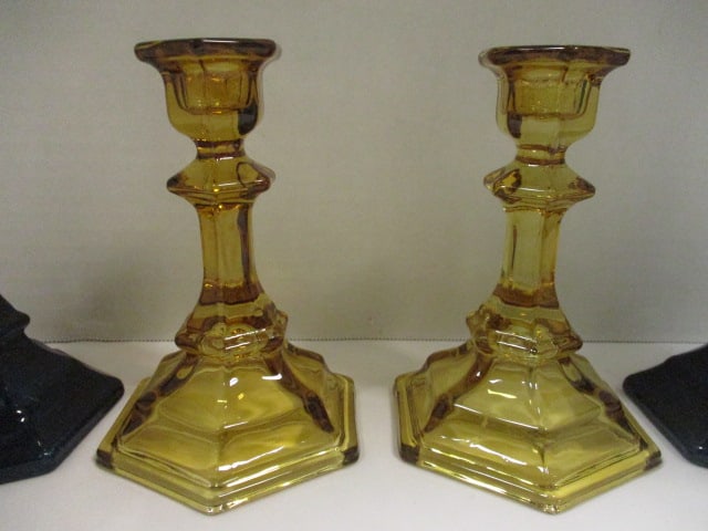 Amber Glass 6" Candlestick (PR), Blue Glass 9 1/2" Candlestick (PR) - 2