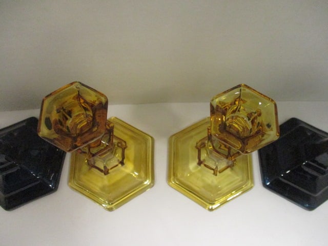 Amber Glass 6" Candlestick (PR), Blue Glass 9 1/2" Candlestick (PR) - 3