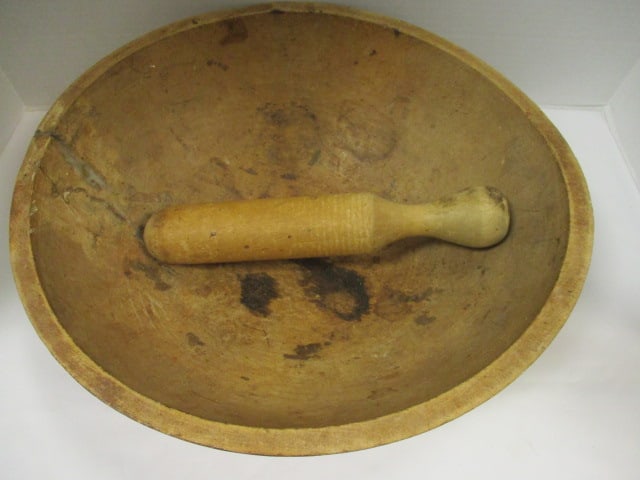 Antique Primitive Wood Dough Bowl w/Wood Pestle - 2