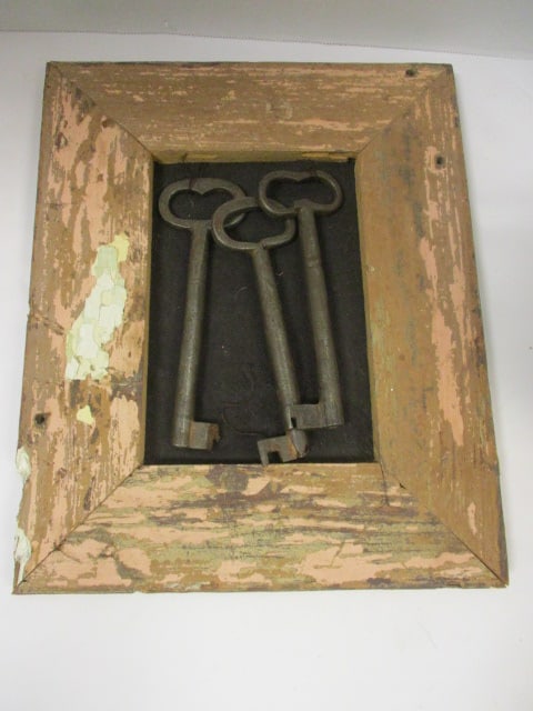 Wrought Iron Skeleton Keys mounted on Distressed Frame: 9 1/2 x 11 1/2