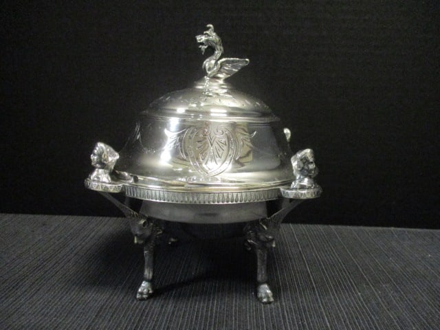 Silverplate Serving Vessel w/Animal head & Figural Head Accents: 7 1/2"