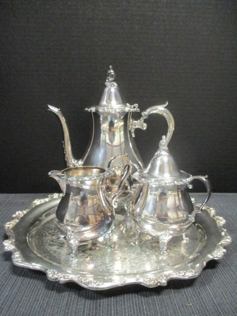 Wallace Teapot, Sugar/Creamer & Webster Wilcox Platter: .