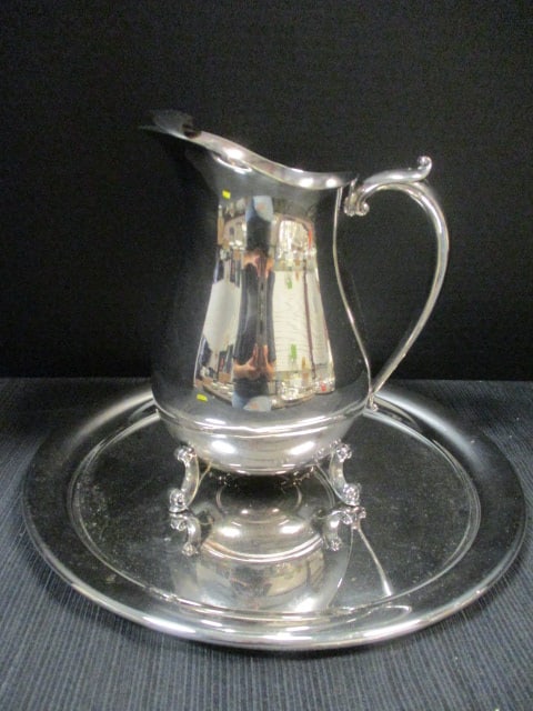 Silverplate 12" Round Platter engrave & Silverplate Pitcher w/ice lip 9": .