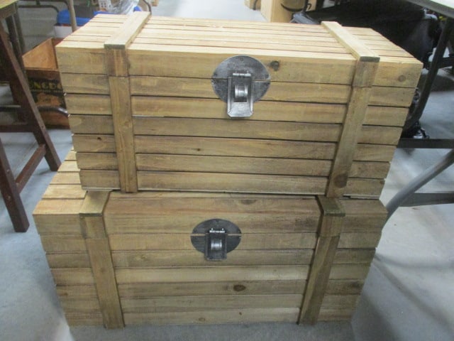 Rustic Slatted Wood Storage Crates w/Metal Handles (2): .