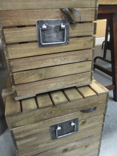 Rustic Slatted Wood Storage Crates w/Metal Handles (2) - 6