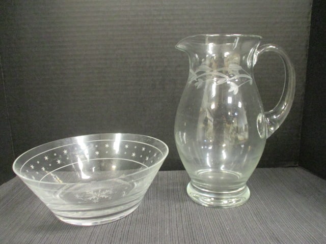 Etched Glass Pitcher 10" & Etched Glass Bowl 9" (1 of 7)