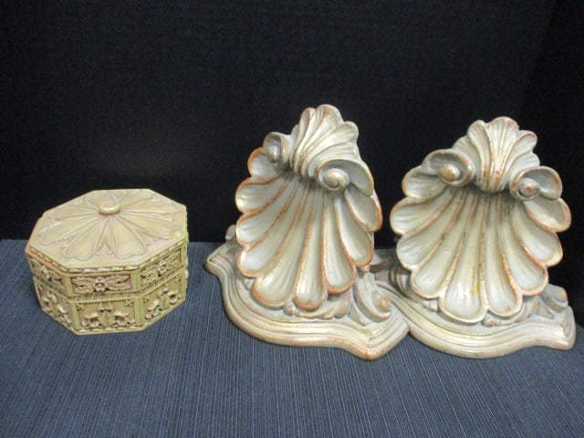Wood Shelf Sconces & Resin Trinket Box: .