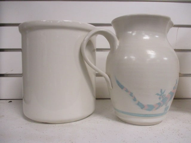 Hall #302 Utensil Holder 7" & Signed Pottery Pitcher 7 1/2": .