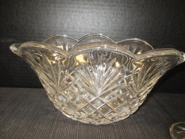 Pressed Glass Oval Lead Crystal Bowl & 2 Candlesticks - 2